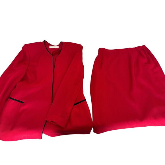 Preston & York Size 14 Red Blazer and skirt women's Vintage black trim suit - Picture 1 of 16